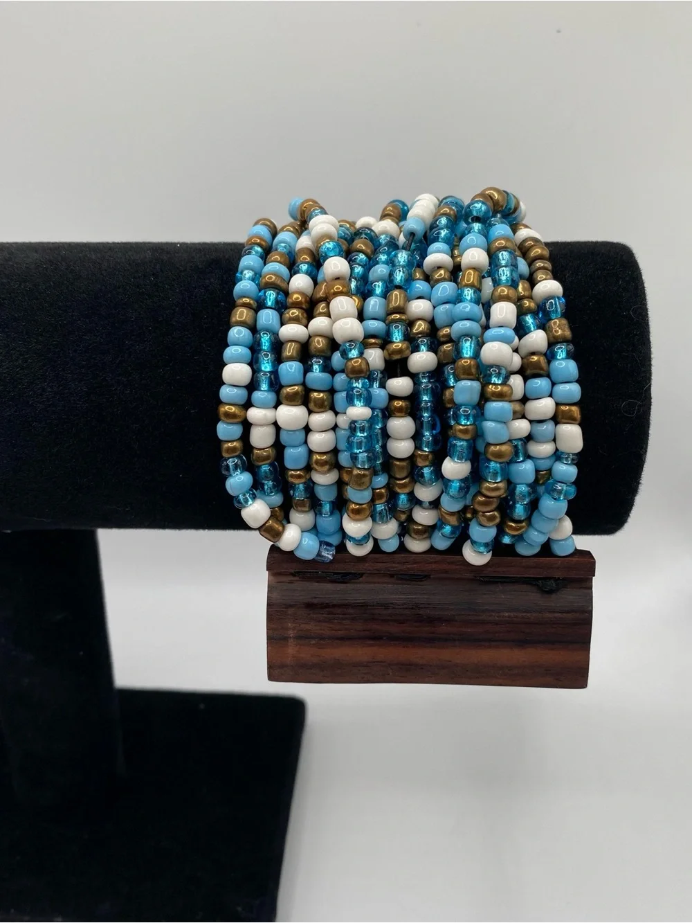 Vintage Beaded Stretch Bracelet Set - Blue, White & Gold wood accents